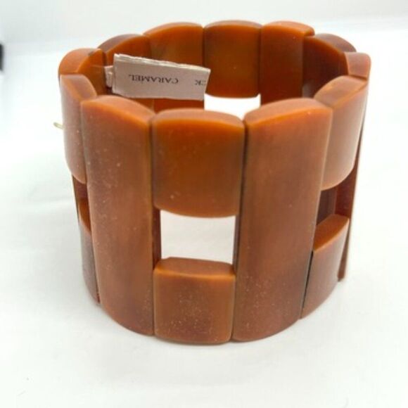 VINTAGE RUST BROWN GEOMETRIC STRETCH BANGLE MODERNIST PLASTIC BAKELITE LOOK - Picture 7 of 10